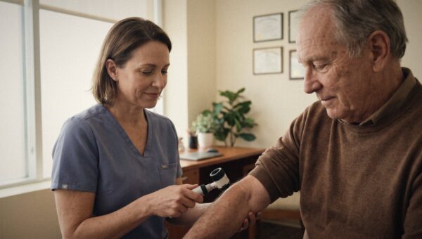 A dermatologist examining a patient's skin with a dermatoscope