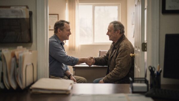 A doctor shaking hands with a patient at the end of a visit, doorway light