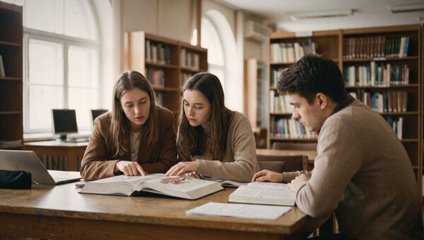 Medical students studying anatomy textbooks together in a library