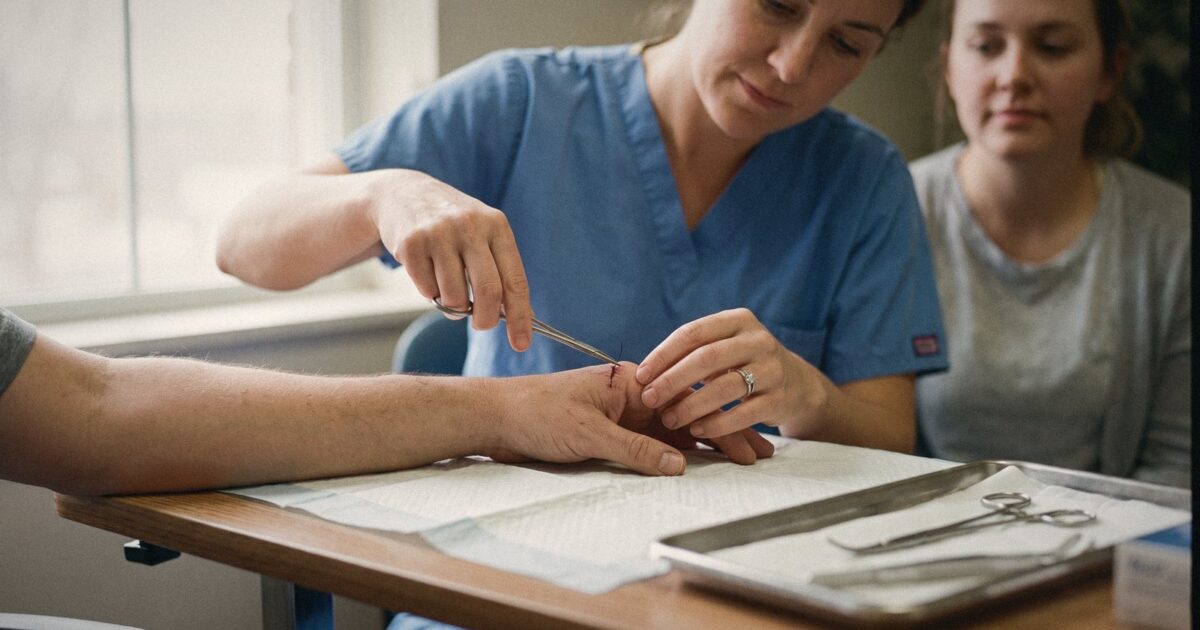 A physician assistant suturing a small cut on a patient's hand, close up