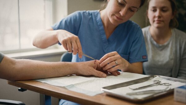 A physician assistant suturing a small cut on a patient's hand, close up