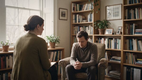 A psychiatrist listening to a patient in a calm office with bookshelves