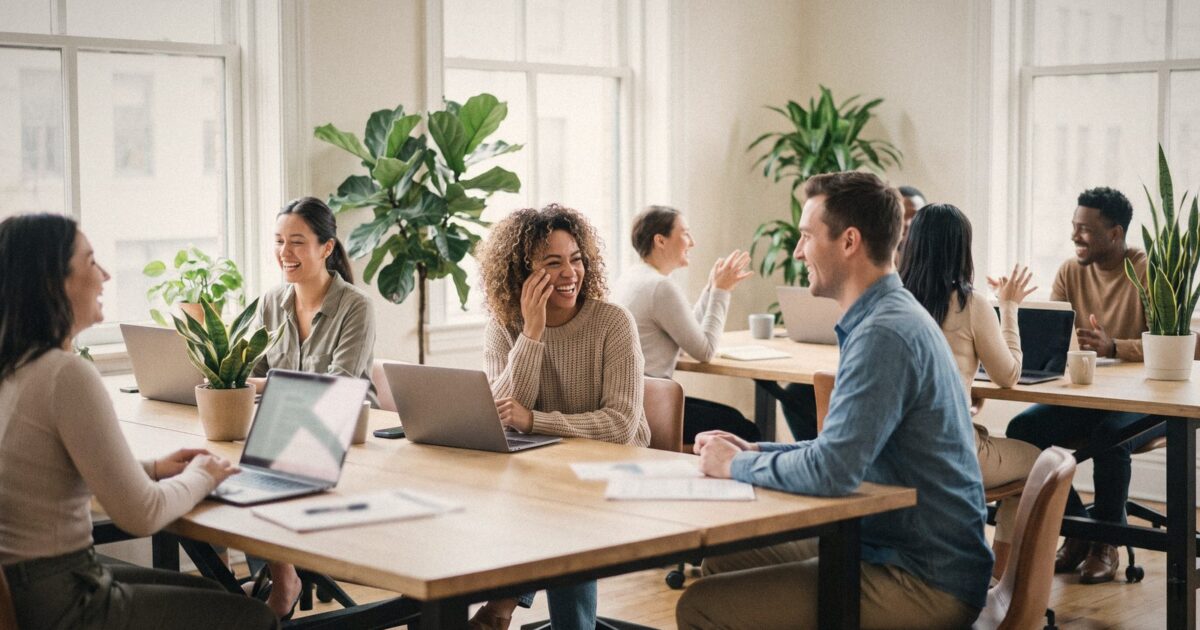 A bright staffing agency office with recruiters at desks and plants